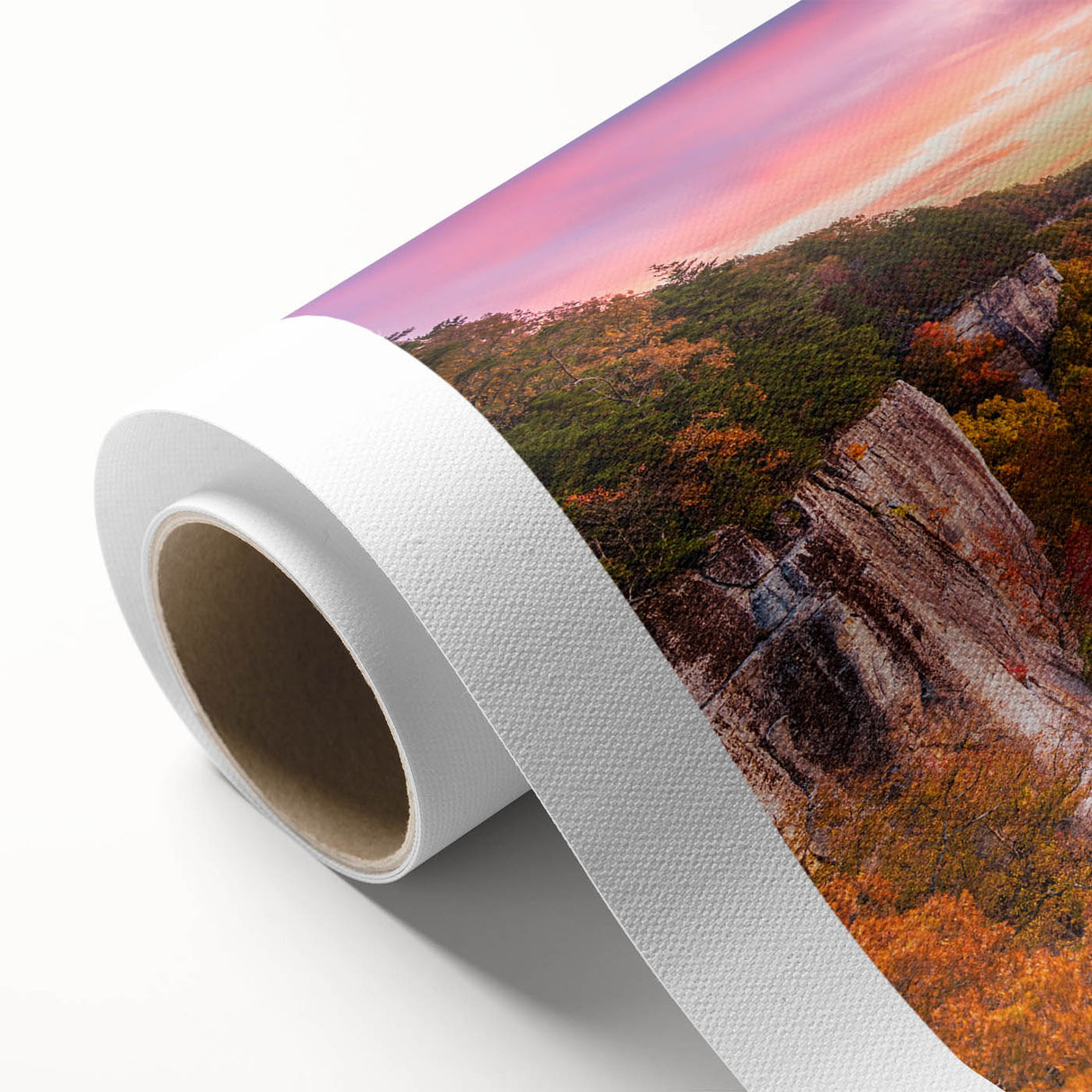 Art Deco poster of West Virginia scenery on rolled canvas, featuring muted earth tones.