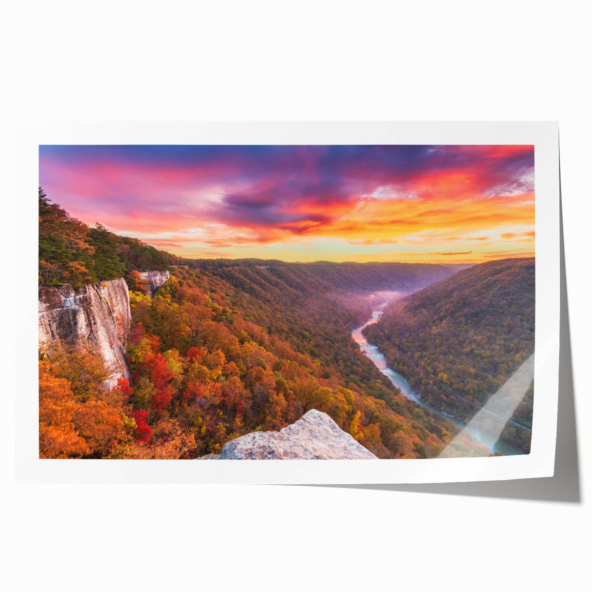 Rolled print of West Virginia scenery with floral elements in soft green and blue tones, suitable for dining room wall art.