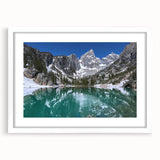 Abstract art print of Wyoming's Grand Tetons in muted earth tones on a framed white mat, suitable for dining room decor.