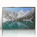 Mid-century modernist art of Grand Tetons in subdued colors on a silver-framed acrylic, ideal for nursery wall art.