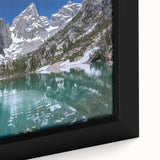 Extra large framed canvas of the Grand Tetons in black with colorful, textured art, ideal for living room decor.
