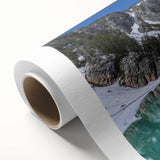 Art Deco style poster of the Grand Tetons in Wyoming featuring muted earth tones on rolled canvas.