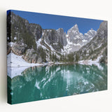 Grand Tetons landscape on large stretched canvas with vivid blue and green tones, ideal for kitchen wall art.