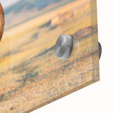 Large abstract depiction of Yellowstone scenery in mid-century modernist style on acrylic glass, ideal for dining room art.