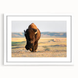Abstract art print of Yellowstone scenery in muted earth tones, framed with white mat, ideal for dining room decor.