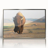 Mid-century modernist art of Yellowstone scenery in silver-framed acrylic, featuring earthy tones.