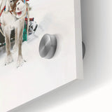 Large abstract wall art in blue and white tones on acrylic glass, depicting a winter scene.