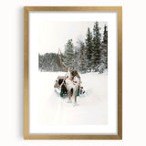 Extra large abstract art print featuring textured winter motifs in muted blue and white, framed in gold.