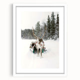Abstract art print depicting a winter scene in muted gray and blue tones, framed with a white mat.
