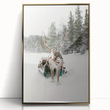 Mid-century modernist winter scene on large art print, framed in gold acrylic, with muted blue and white tones.