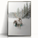 Mid-century modernist art depicting a winter scene in muted blue and white tones, framed in silver acrylic.