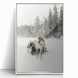 Art deco poster featuring a winter scene in muted blue and white tones on framed acrylic.