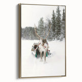 Framed canvas depicting a winter landscape with muted blue and white tones, ideal for bedroom wall art.