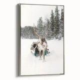 Winter landscape art painting on framed canvas, featuring a vintage poster style with a black and colorful palette.