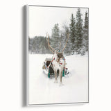 Vintage poster art of a winter scene on extra large framed canvas, featuring a black and colorful palette.