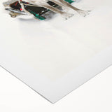 Art deco poster featuring a winter scene in muted blue and white tones on rolled canvas, suitable for dining room decor.