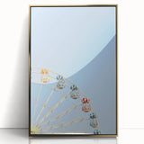 Large acrylic print of a mid-century modernist summer scene in gold and orange tones, ideal for nursery wall decor.