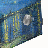 Mid-century modernist abstract design in vibrant blues and yellows on acrylic glass, ideal for dining room art.