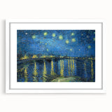 Abstract art print featuring swirling blue and yellow patterns on a white framed canvas.