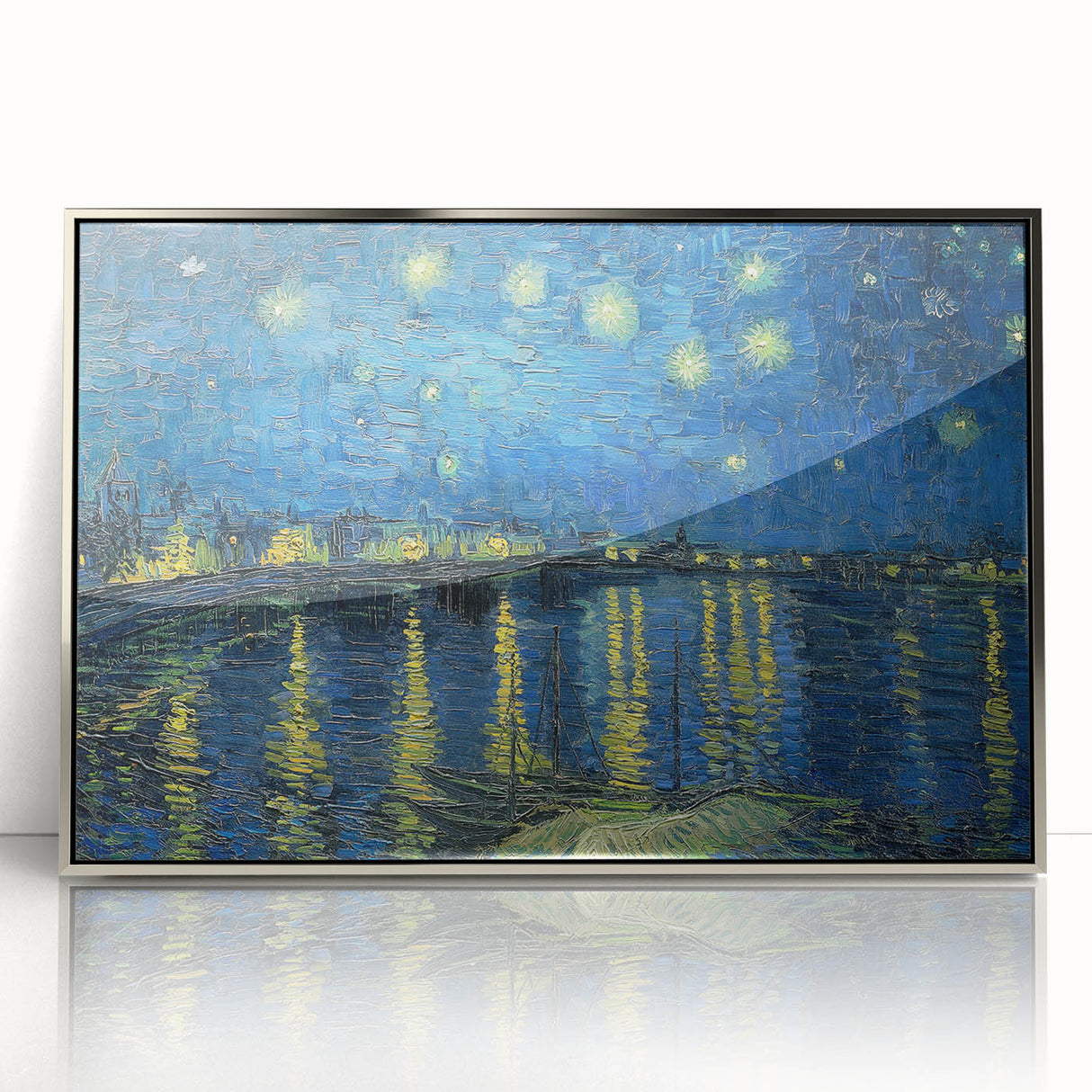 Mid-century modernist art depicting a starry night sky in vibrant blue and yellow on a framed acrylic print.