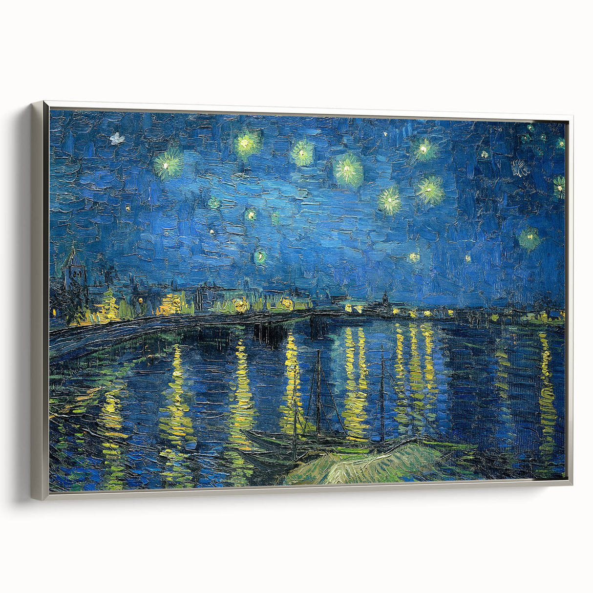Landscape art painting of a colorful pastoral scene on a framed canvas, featuring a vintage poster style.