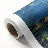 Art Deco style poster of a starry night scene on rolled canvas, with deep blue and yellow tones.