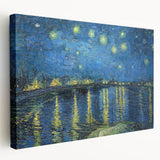 Stretched canvas print of Van Gogh's Starry Night, featuring swirling blue and yellow tones, suitable for kitchen wall art.