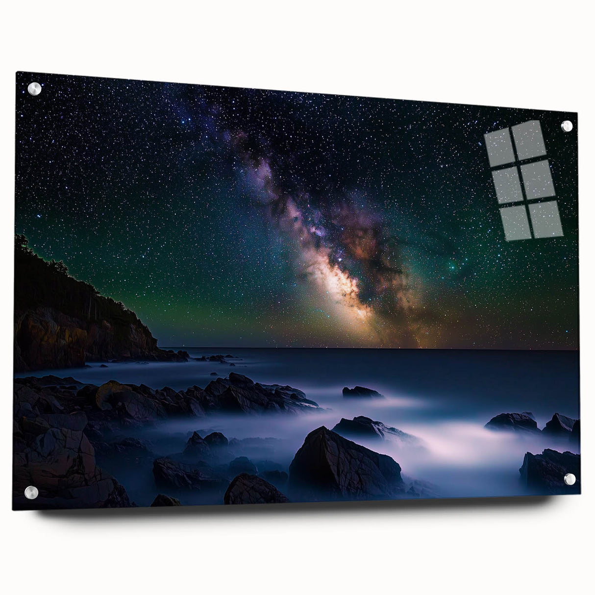 Acrylic glass artwork showcasing a side view of dramatic cliffs, enhanced with vibrant colors and intricate details, perfect for modern decor.