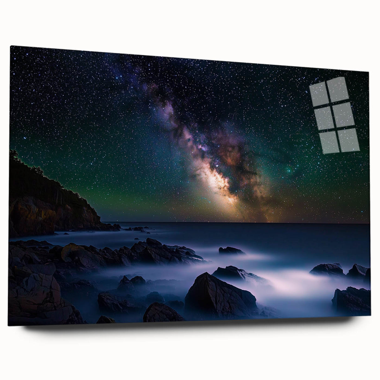 Acrylic landscape art print showcasing dramatic cliffs in vibrant colors, framed in sleek glass for a modern aesthetic, perfect for home decor.