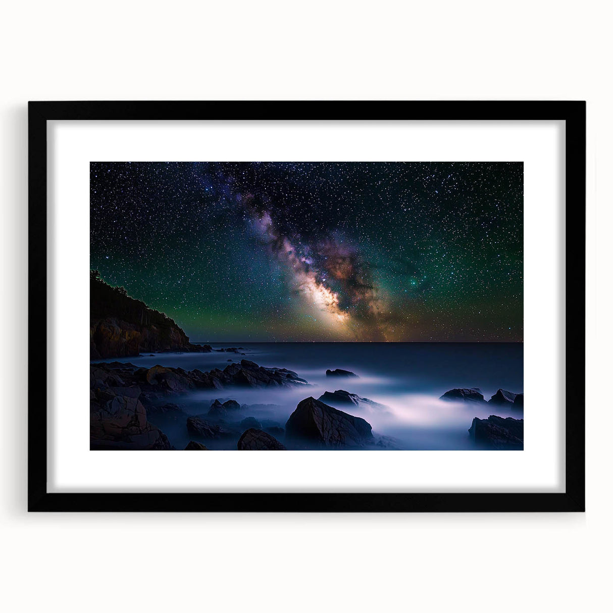 Black-framed landscape artwork showcasing dramatic cliffs and serene skies, elegantly matted for a polished presentation, ideal for home or office decor.