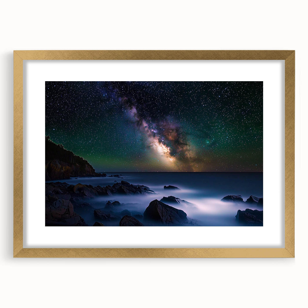 Framed landscape artwork depicting majestic cliffs, set in a gold mat, highlighting natural beauty and elegance, ideal for home decor or office settings.