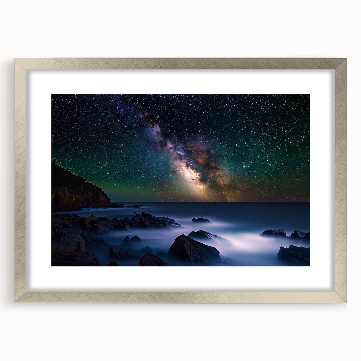Elegant silver-framed landscape artwork featuring a dramatic cliff scene, enhanced by a white mat for added depth, perfect for home decor and art enthusiasts.