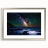 Elegant silver-framed landscape artwork featuring a dramatic cliff scene, enhanced by a white mat for added depth, perfect for home decor and art enthusiasts.