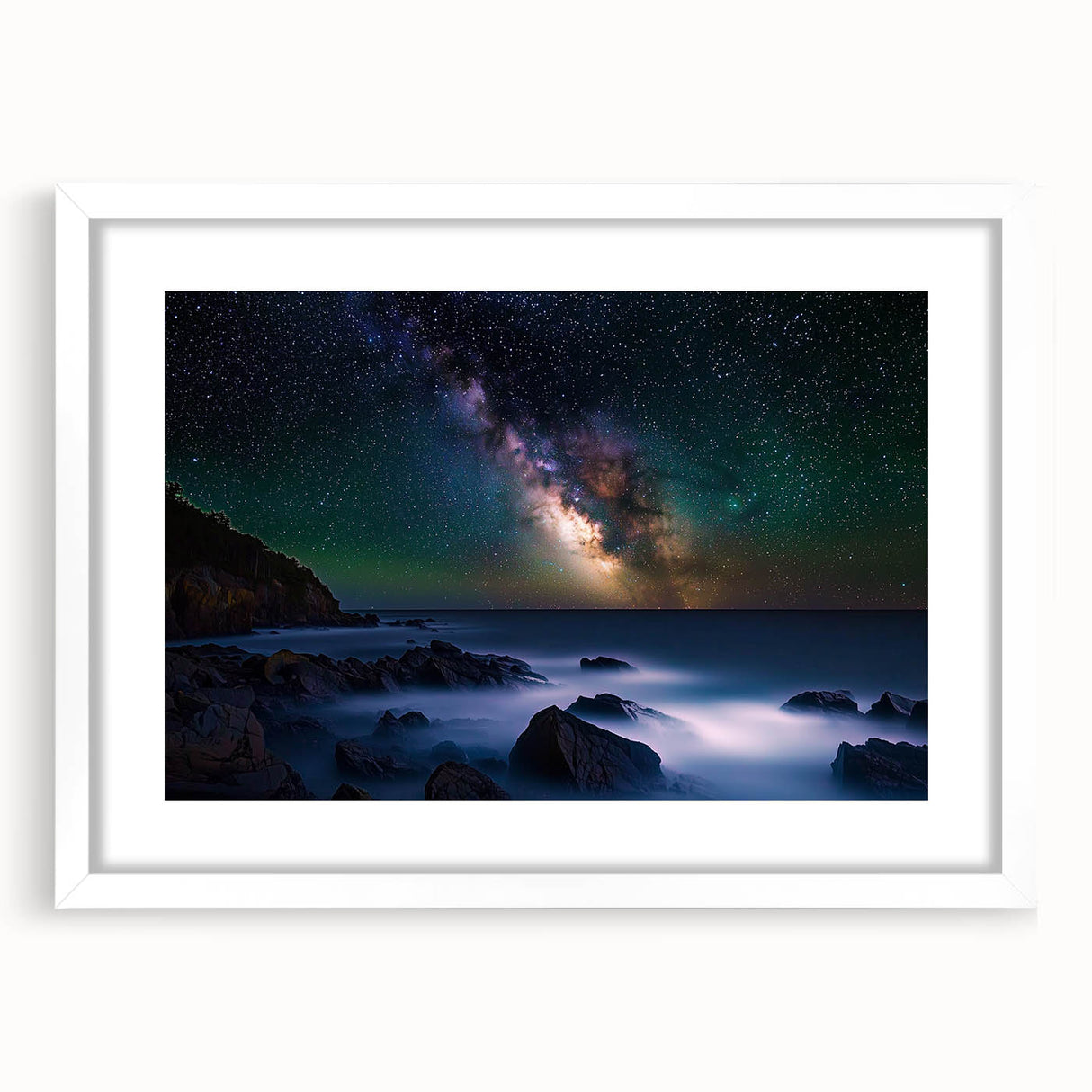 Framed landscape art print showcasing dramatic cliffs and serene scenery, featuring a white mat for added elegance, perfect for home decor and art enthusiasts.