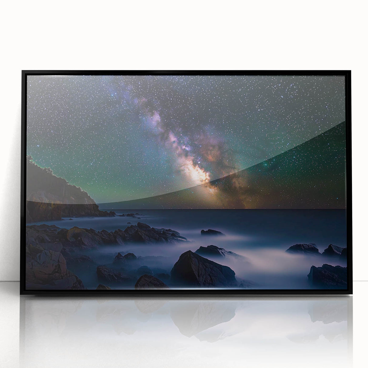 Framed acrylic artwork depicting dramatic cliffs in a serene landscape, featuring a black frame that enhances the vibrant colors and details of the scene. Perfect for modern home decor, this piece adds a touch of nature-inspired elegance to any room.