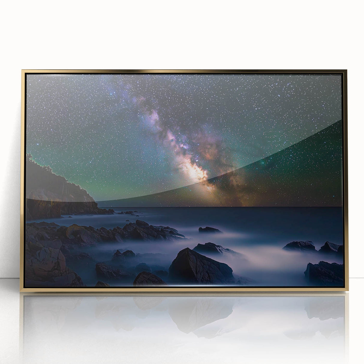 Framed acrylic artwork showcasing a stunning landscape of rugged cliffs in vibrant colors, perfect for enhancing modern interior decor. Ideal for nature lovers.