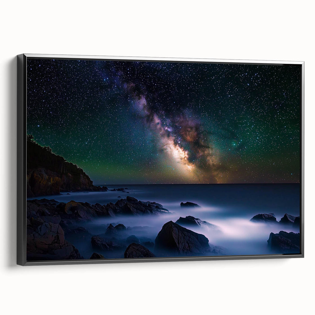 Framed canvas artwork depicting a serene cliff landscape in vibrant colors, showcasing intricate details and textures, perfect for enhancing home decor with a natural aesthetic.