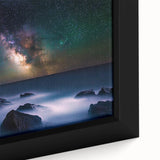 Close-up view of a framed canvas artwork depicting vibrant cliffs and landscapes, showcasing intricate details and rich colors, ideal for home decor.