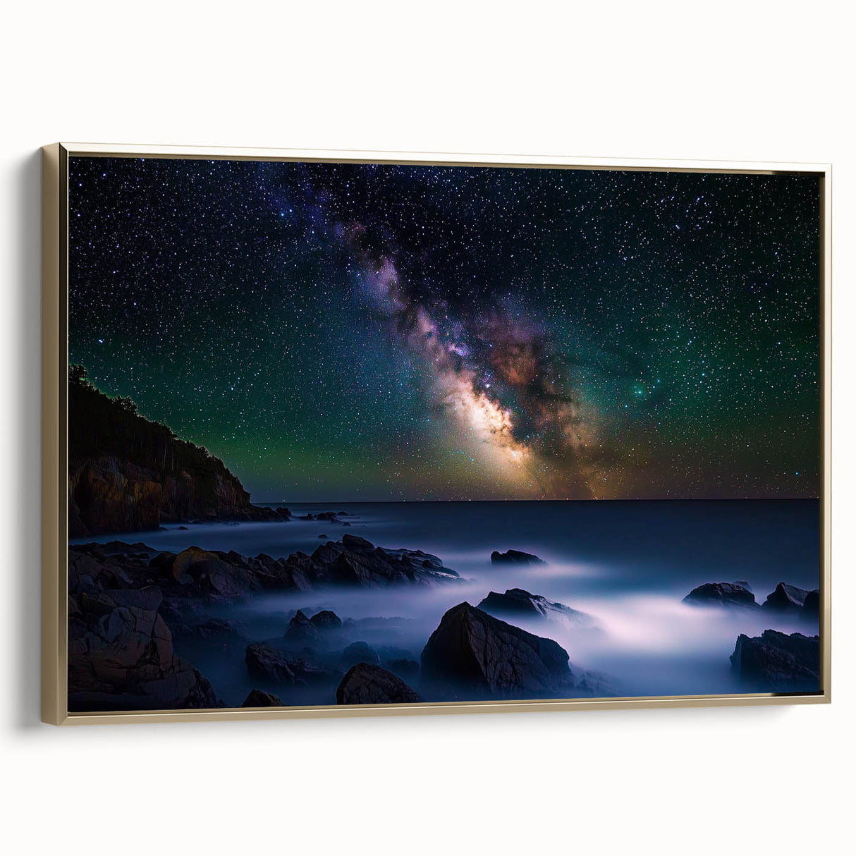 Framed canvas artwork depicting a stunning landscape of cliffs in vibrant colors, featuring a gold frame and a side view to highlight its elegant presentation. This piece enhances home decor with its natural beauty and artistic details.