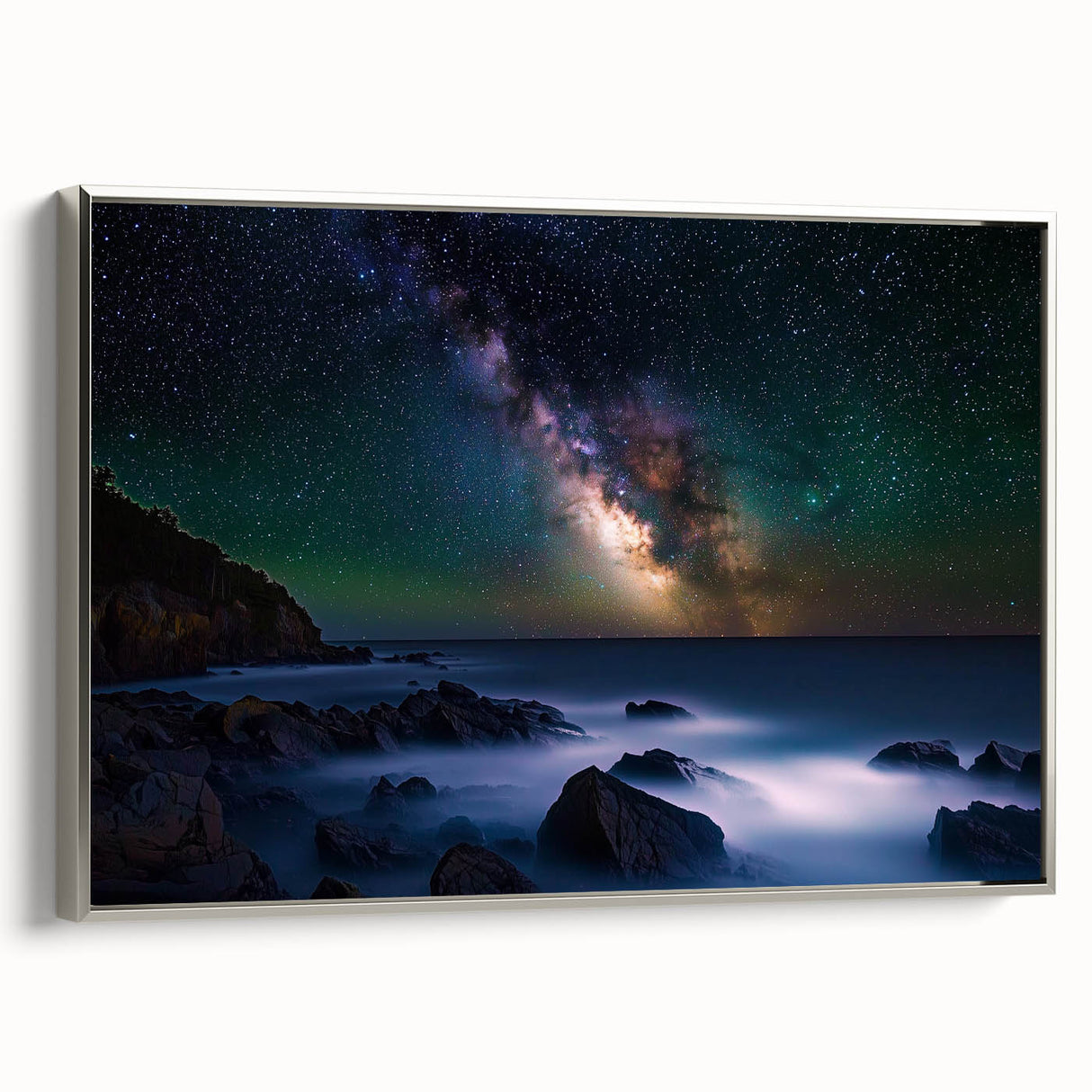 Framed canvas artwork depicting a stunning cliff landscape with vibrant colors, showcasing a silver frame. Ideal for enhancing home decor and nature-themed interiors.