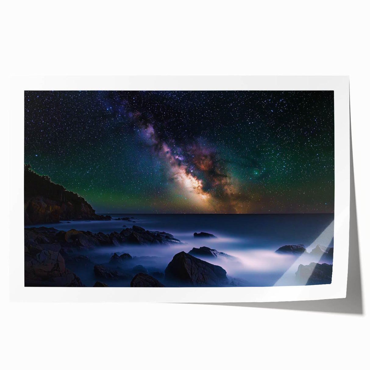 Stunning rolled print of a vibrant landscape featuring cliffs and a serene sky, designed for wall decor, packaged securely in a protective tube for easy display.