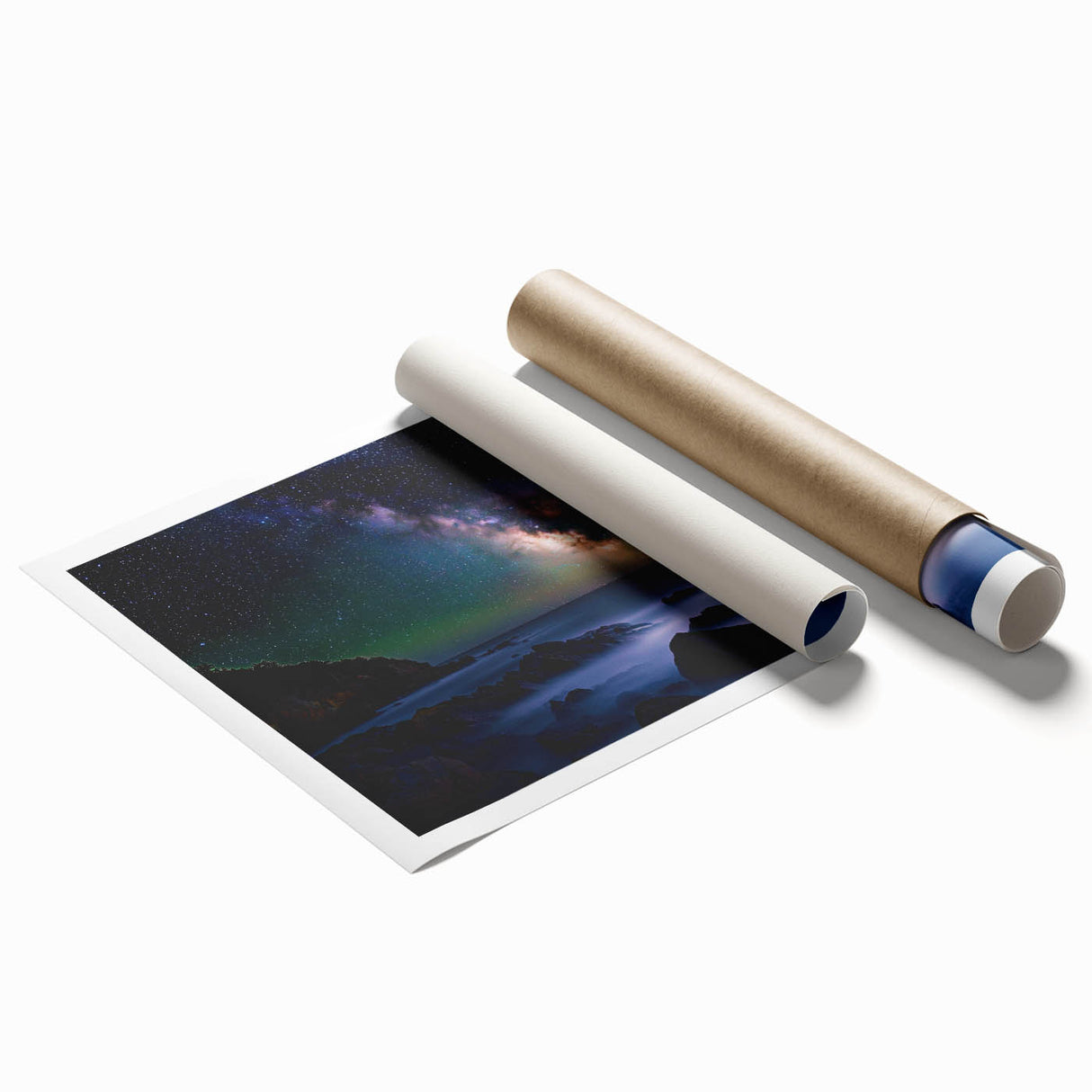Stunning rolled print of a coastal landscape featuring dramatic cliffs and a vibrant sky, designed for art enthusiasts, perfect for home decor.