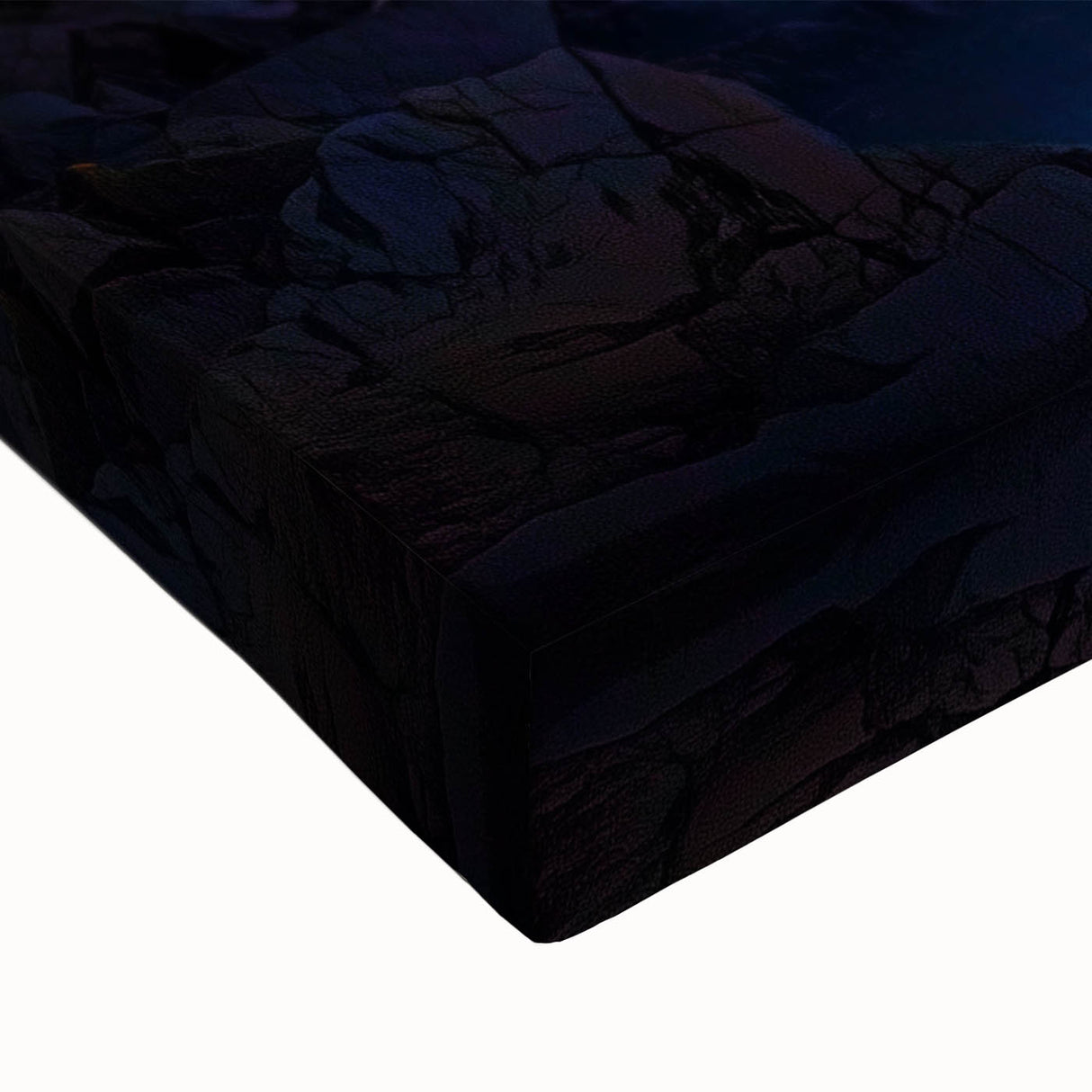Close-up of a stretched canvas depicting vibrant landscapes with cliffs, showcasing intricate details and rich colors, ideal for home decor or art enthusiasts.