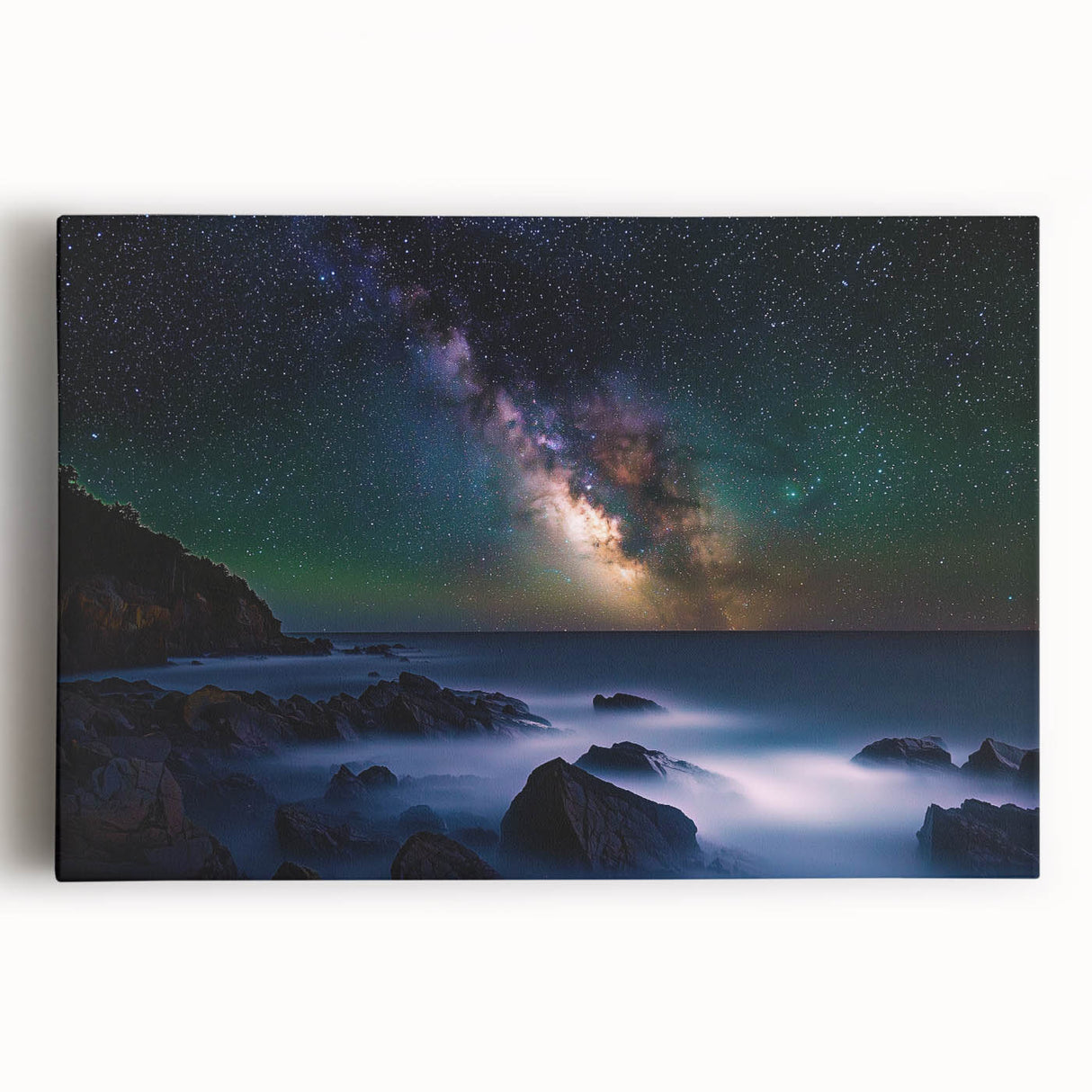 Stretched canvas artwork depicting dramatic cliffs against a vibrant sunset, showcasing rich colors and intricate details, perfect for enhancing any living space.