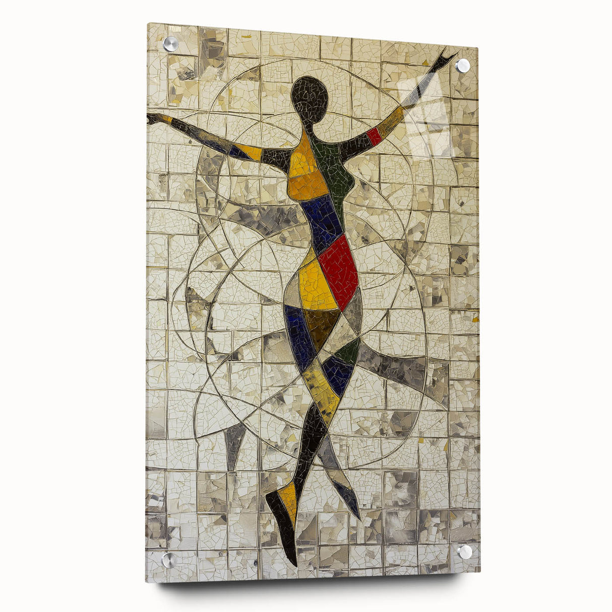 Abstract figurative acrylic artwork displayed in a glass frame, showcasing vibrant colors and intricate designs, enhanced by decorative pins for added depth.
