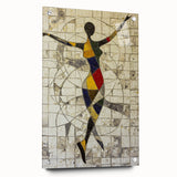 Abstract figurative acrylic artwork displayed in a glass frame, showcasing vibrant colors and intricate designs, enhanced by decorative pins for added depth.