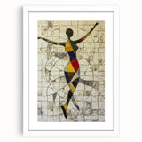 Abstract figurative artwork framed in a sleek white mat, showcasing vibrant colors and dynamic shapes, perfect for modern home decor or gallery display.