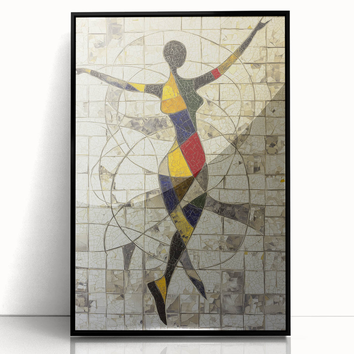 Framed abstract figurative art in black acrylic, showcasing dynamic shapes and lines, perfect for modern decor. Ideal for enhancing contemporary living spaces.