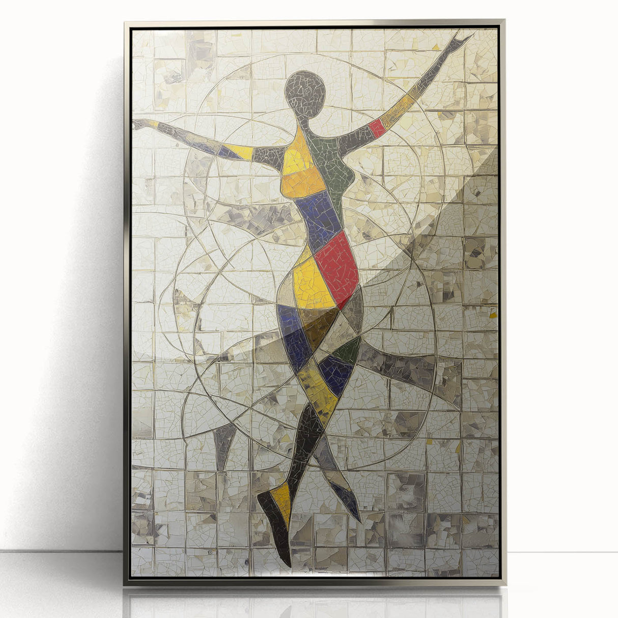 Framed abstract figurative artwork with a silver frame, showcasing vibrant colors and dynamic shapes, ideal for modern home decor and artistic expression.