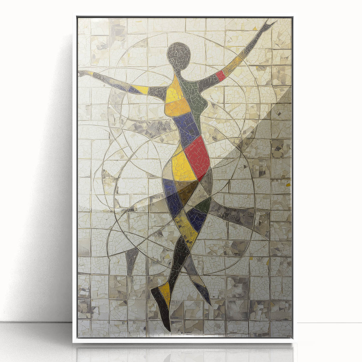 Framed abstract figurative art piece featuring vibrant colors and dynamic shapes, displayed against a white backdrop, ideal for modern home decor.